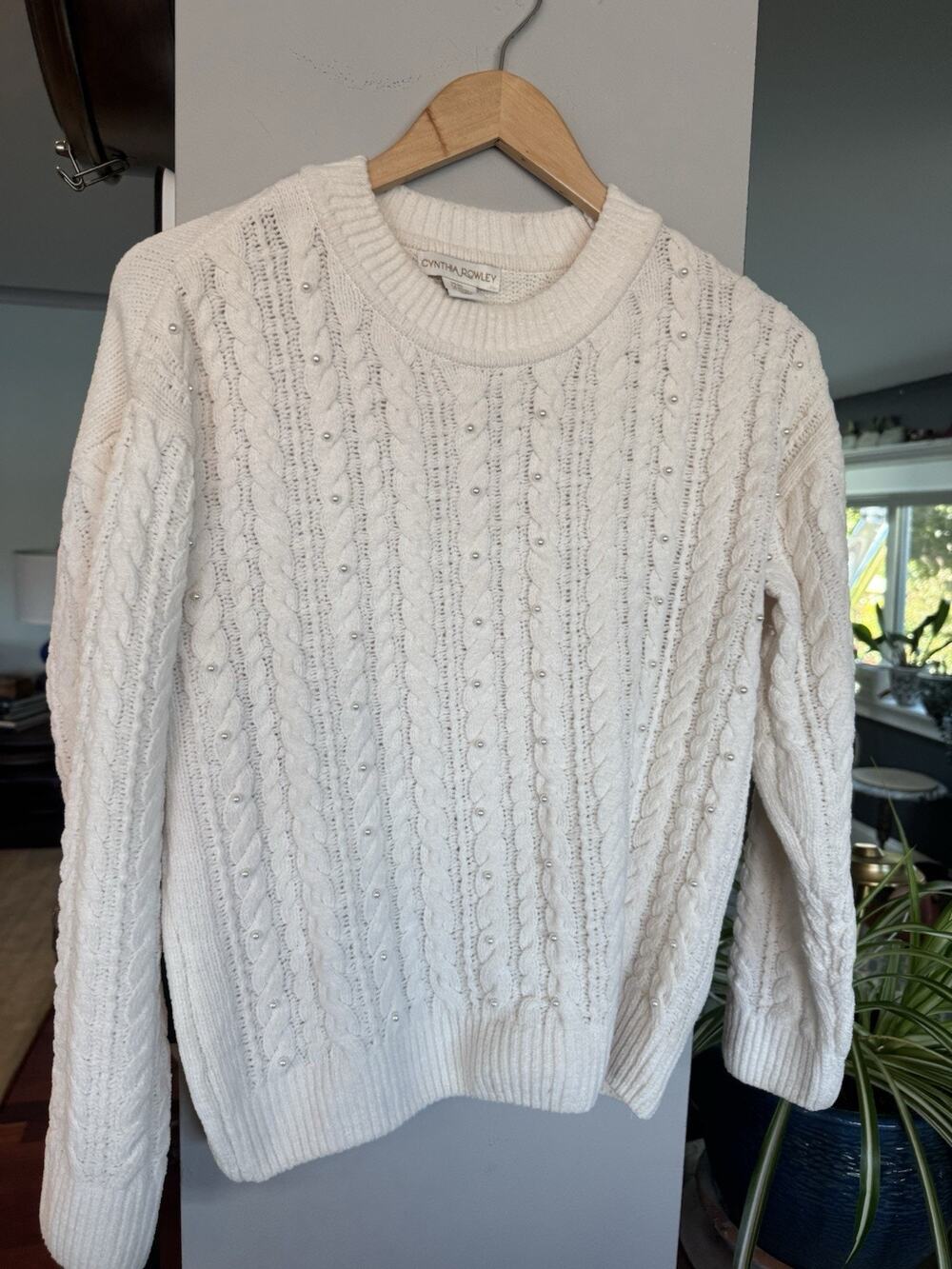 Cynthia Rowley XS Cream Cable Knit Sweater with Pearls Chunky Knit Cottagecore